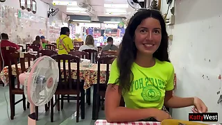 Katty West has lunch in an Asian cafe without panties increased by flashes her pussy on public